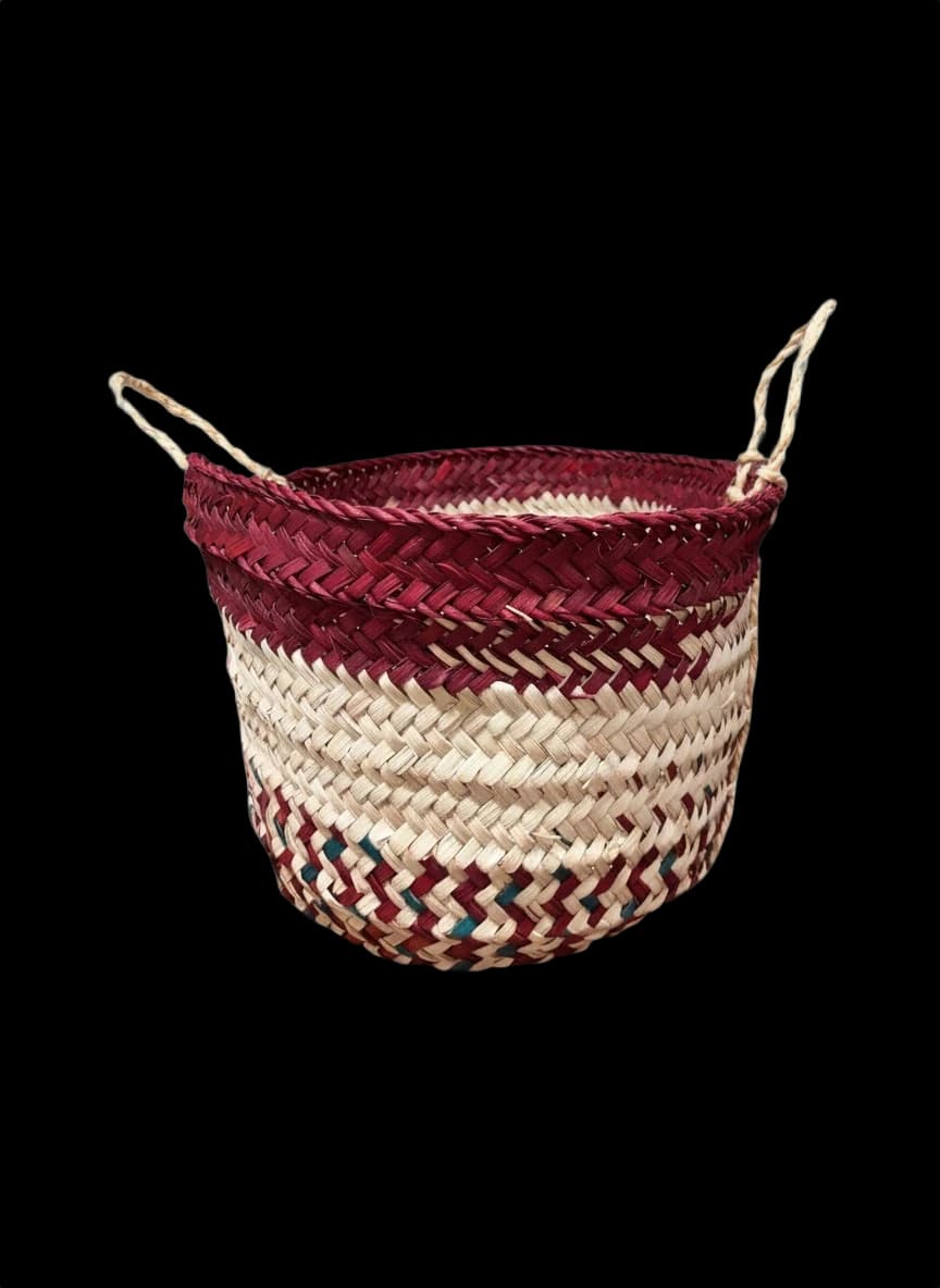 Small palm-leaf basket with a braided maroon rim