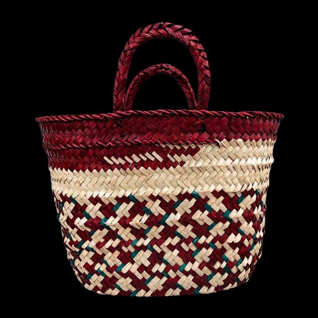 Handwoven maroon palm-leaf tote with woven handles