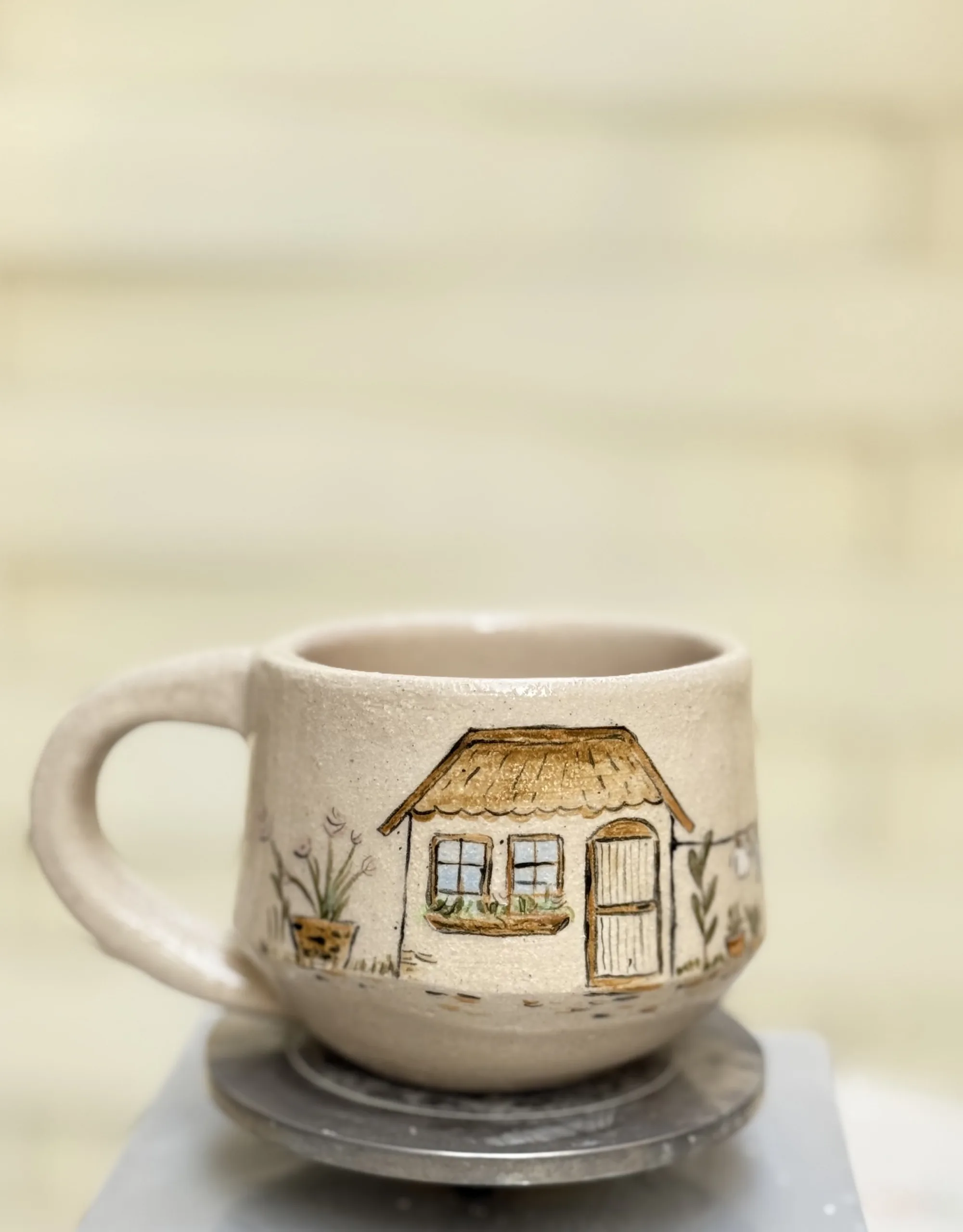 كوب فخار يدوي – صباح من نافذة البيت 🏡☀️ من متجر تليد